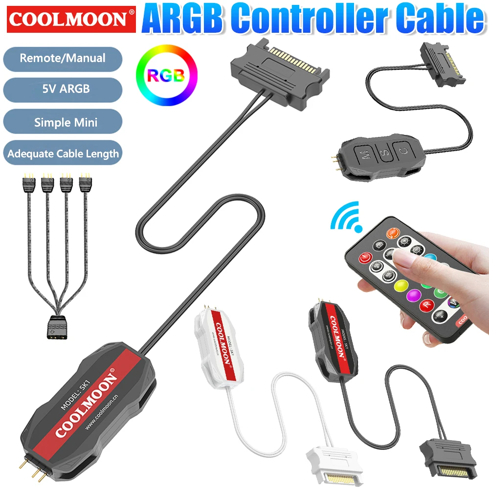 ARGB Controller Cable 5V 3pin To SATA RGB Remote Controller 1 To 4 Sync Motherboard Cable Extension Line for PC Fan Light Strip