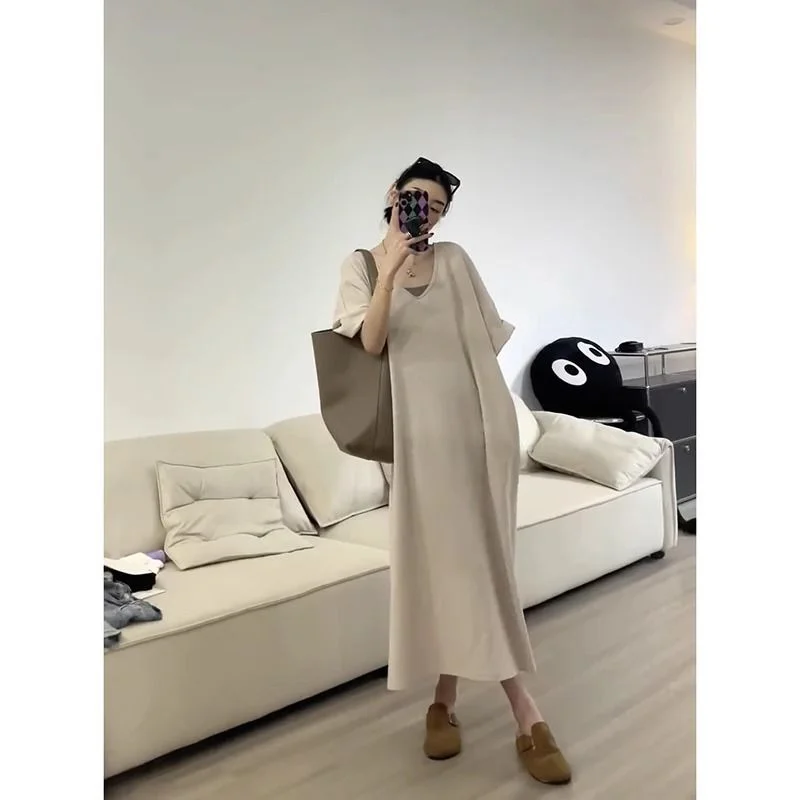 

plus Size V-Ne ort Sve Long Dr Women's Summer Loose Comfortable T-irt Sle Casual Korean Straight Cut Dr