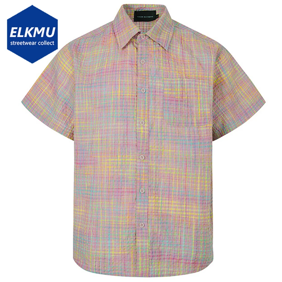 

Vintage Shirts Colorfur Plaid Shirts Summer Button Up Blouse Streetwear Harajuku Hip Hop Oversized Shirts