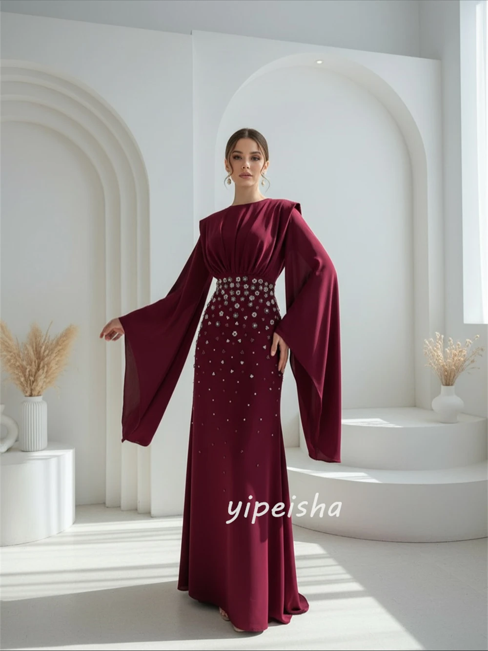 Классический трикотаж в современном стиле по индивидуальному заказу, со стразами и бисером, прямые длинные платья с круглым вырезом, вечерние платья, доступны размеры в стиле ретро