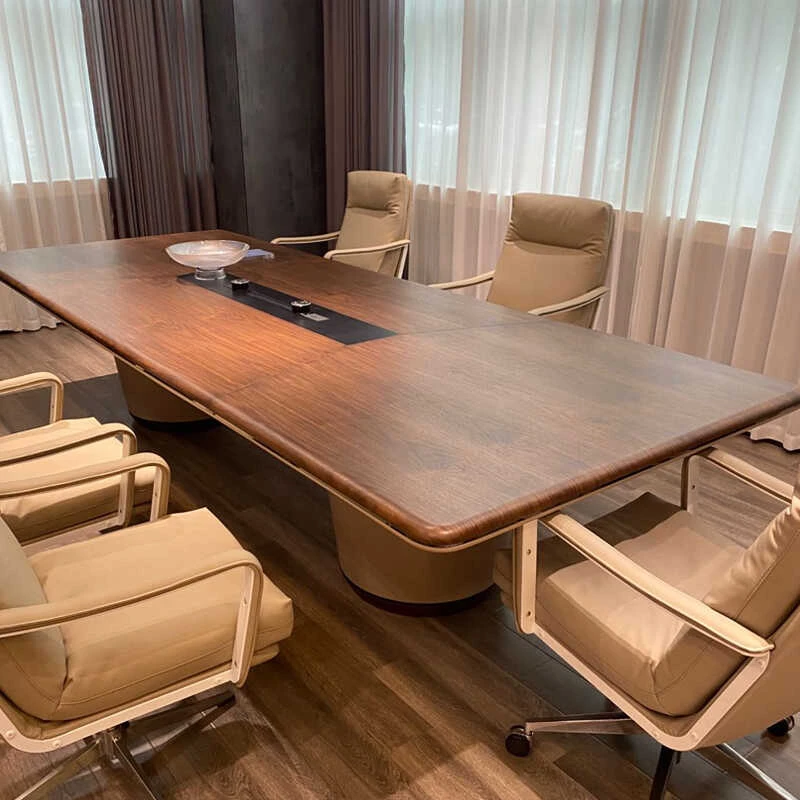 Long table negotiation table with solid wood leather, calm and atmospheric table, conference room table and chair combination