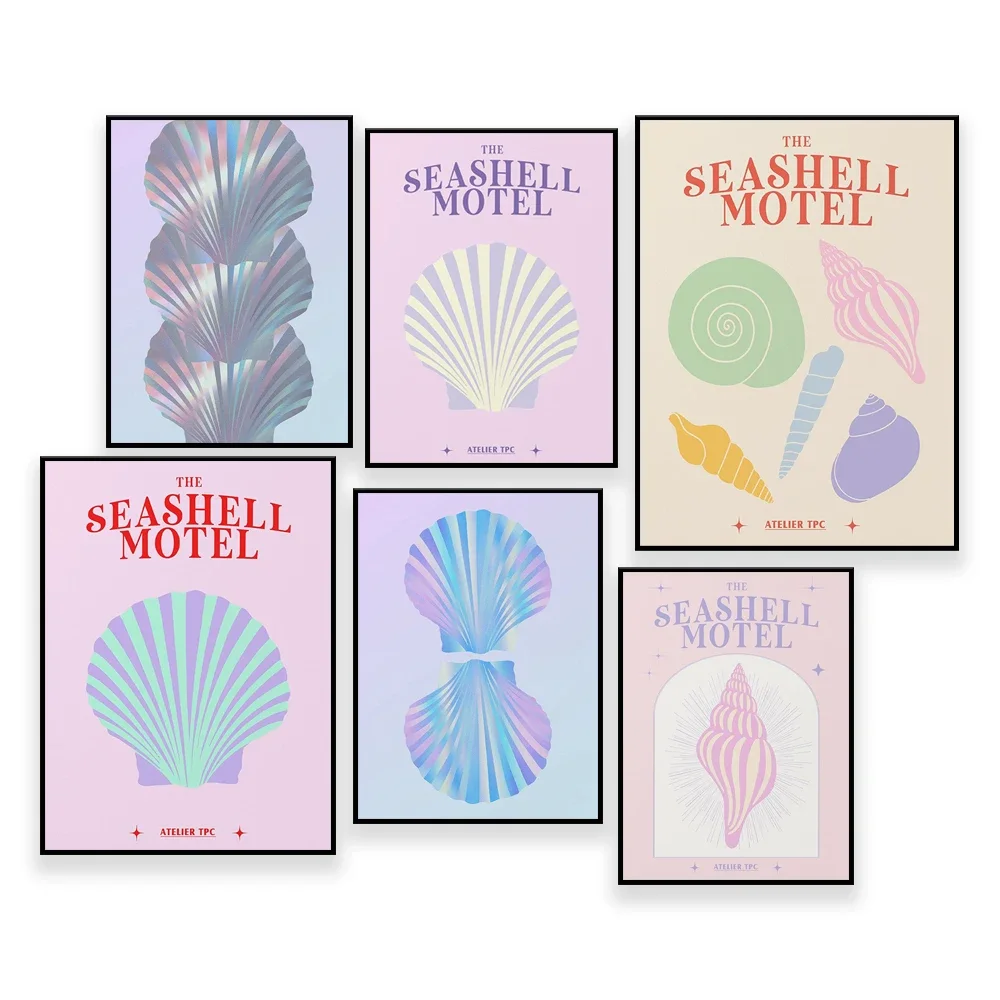 The Seashell Motel ART|pastel pink red seashell art danish pastel Sea Shell rainbow Artwork abstract Museum Poster retro Art