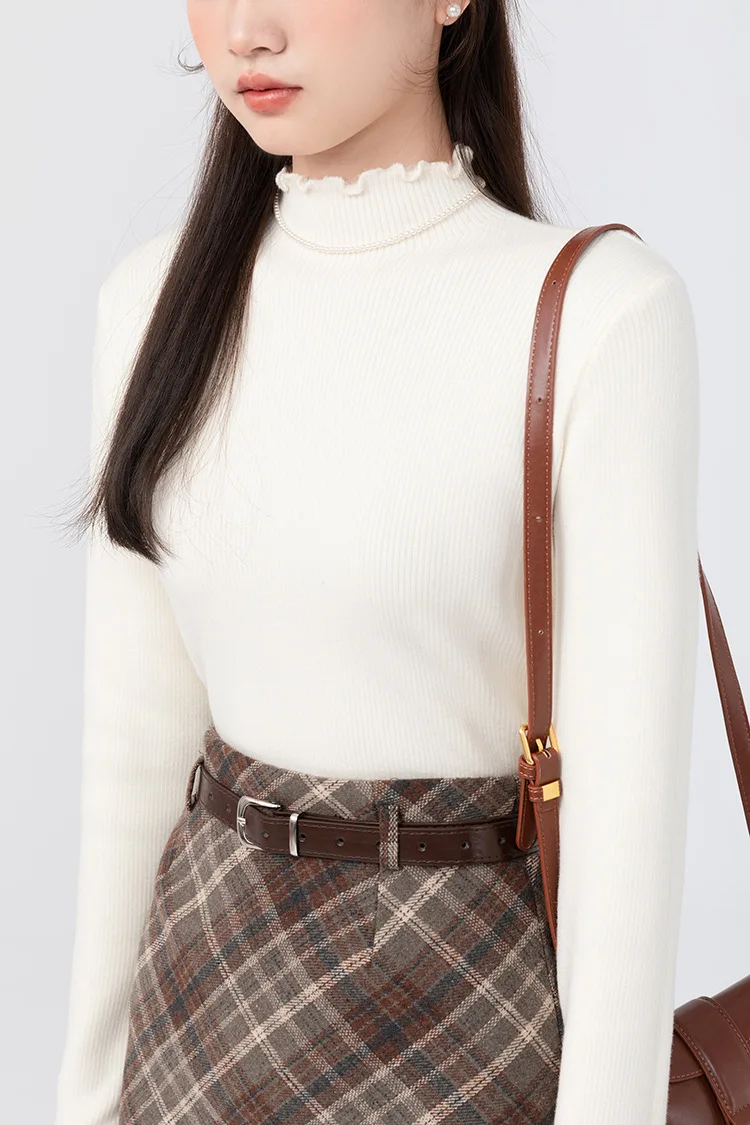 

Half-High Collar Ribbed Knit Top Lace Warm Soft Stretch Slim-Fit Minimalist Women's