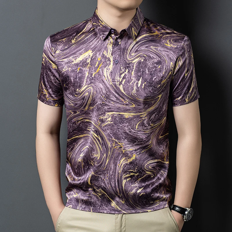 High-End Print Polo Shirts For Men Short Sleeve Natural Silk Ice Summer Quality Soft Comfortable Casual Stretchy Polos De Hombre