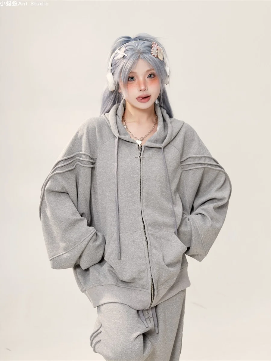 

Sweater set Women's loose casual zipper jacket American high-end lazy wind hooded gray spring and autumn coat pants two-pieceset