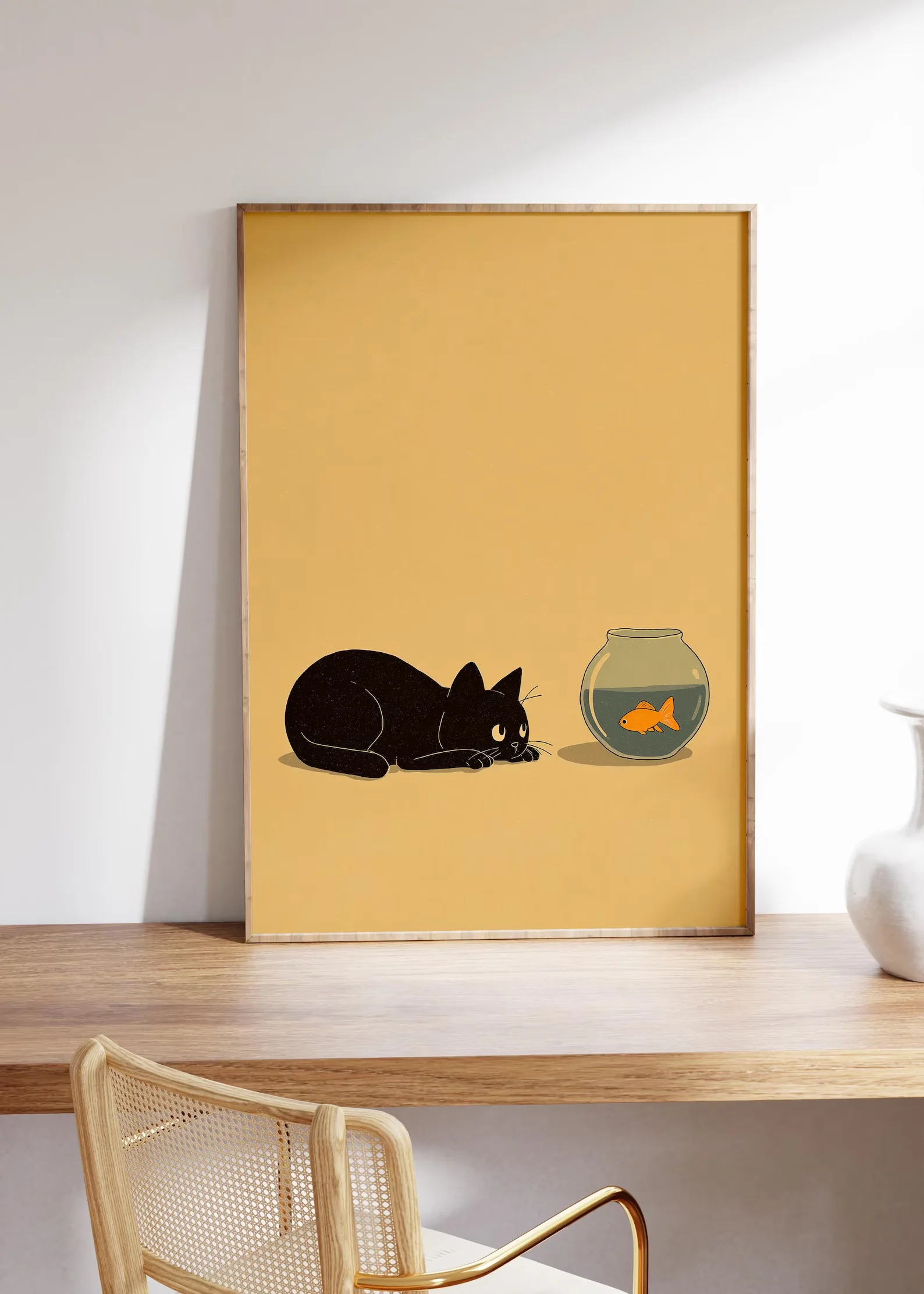 Minimalist Black Cat Art Print with Goldfish Illustration Funny Animal Wall Art Modern Decor for Home Or Office