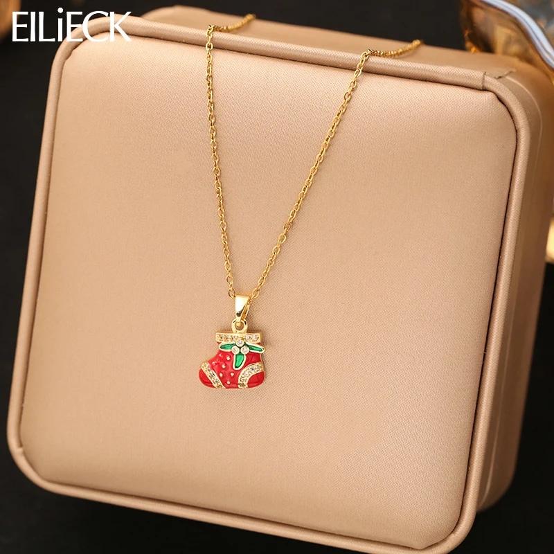 EILIECK Christmas Zircon Socks Enamel Pendant Necklace For Women Fashion Stainless Steel Waterproof Neck Chain Jewelry Holiday