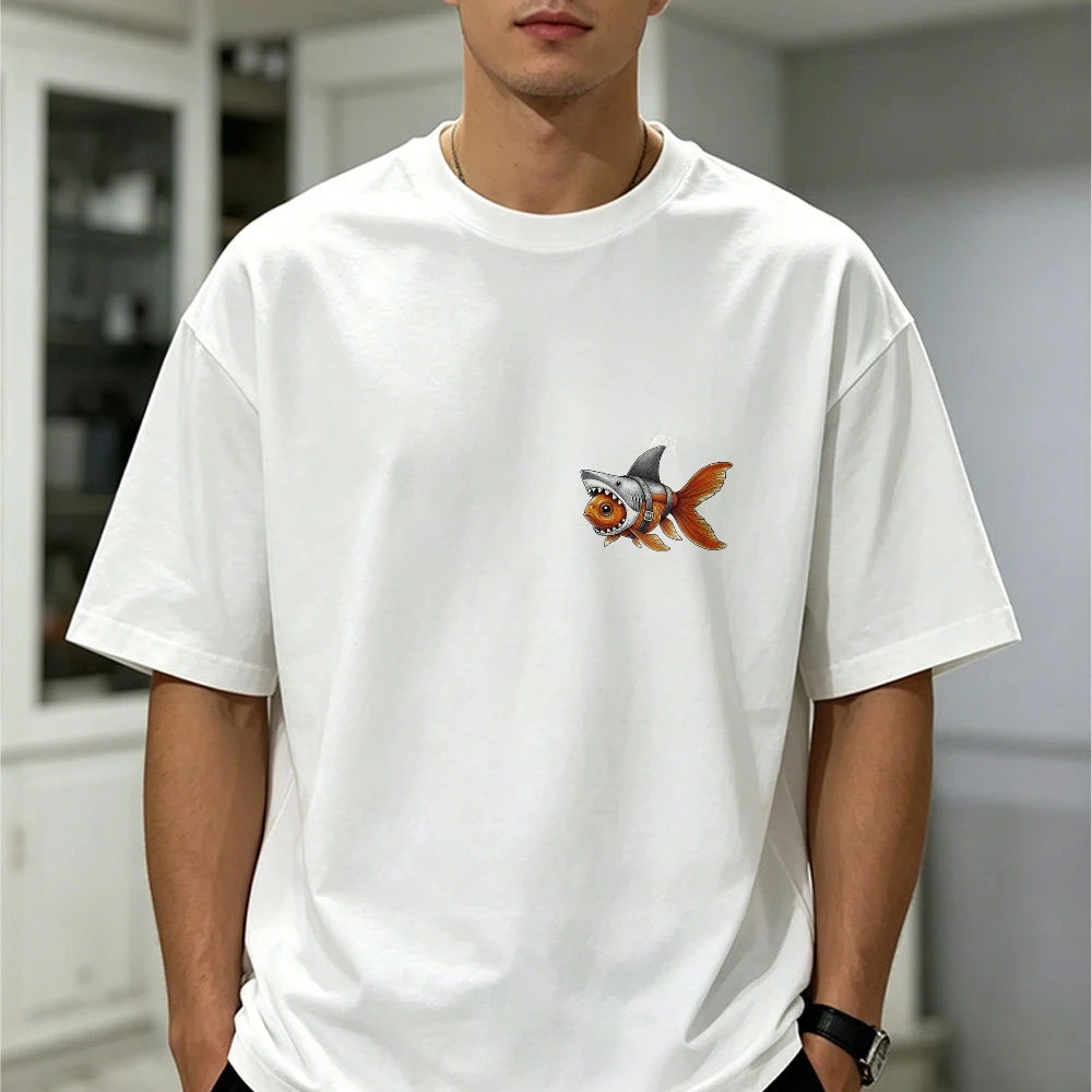 Shark Goldfish Graphic T Shirt Back Front Dual Print Funny Hybrid Fish Tee Y2K Streetwear Cotton Short Sleeve
