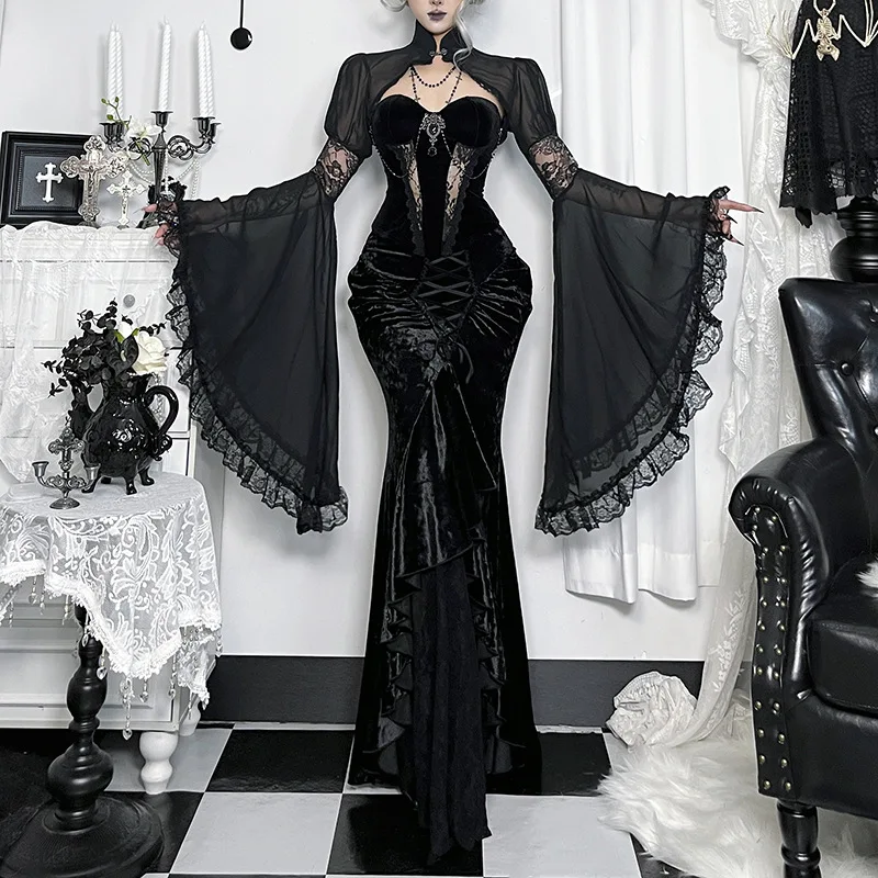 Gothic Velvet Mermaid Maxi Skirt Lace Patchwork High Waist Lace Up Ruched Long Skirt Dark Punk Halloween Cosplay Streetwear