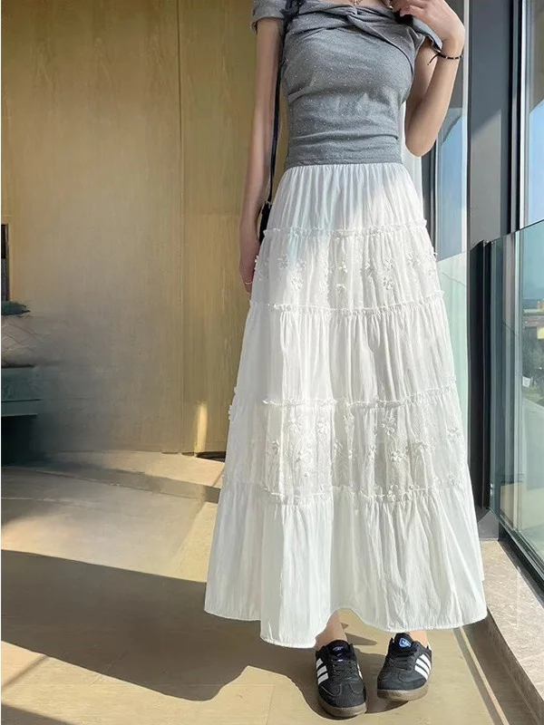 Summer 2026 New High Waist Lace Draped Beautiful White Half Skirt Long Girls Trendy Slimming Long Dress Korean Style Elastic ...