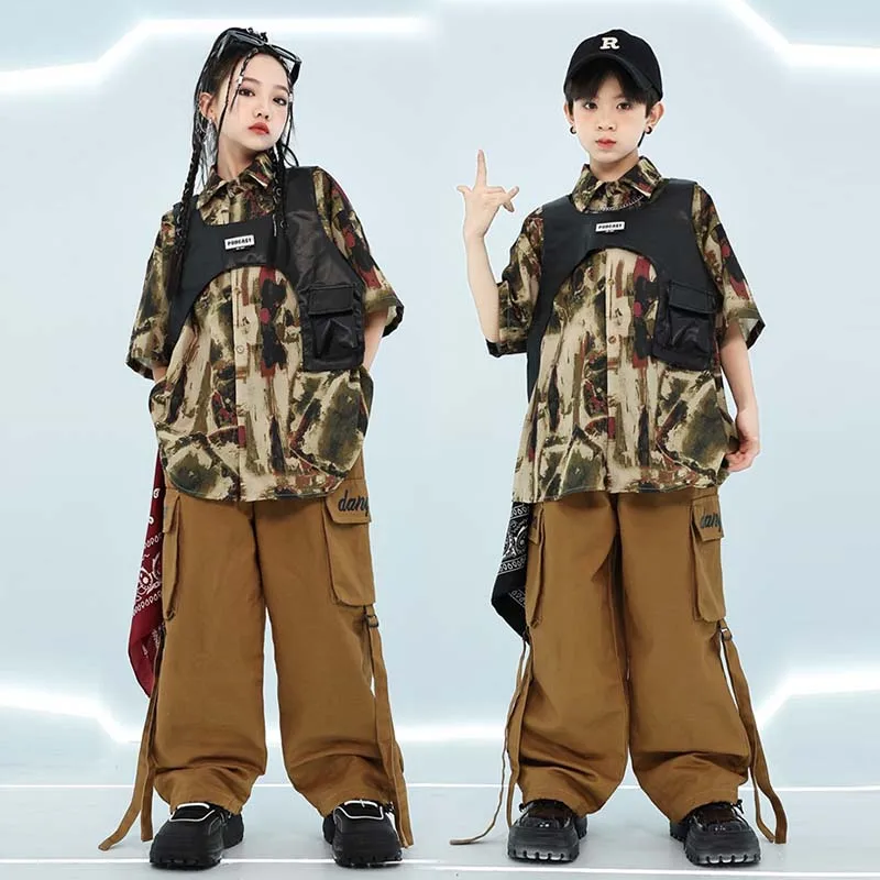 Children Street Dance Costume Girls Hip Hop Performance Clothing Teen Jazz Kpop Stage Outfit Boy Oversize Shirt Cargo Pants 1170