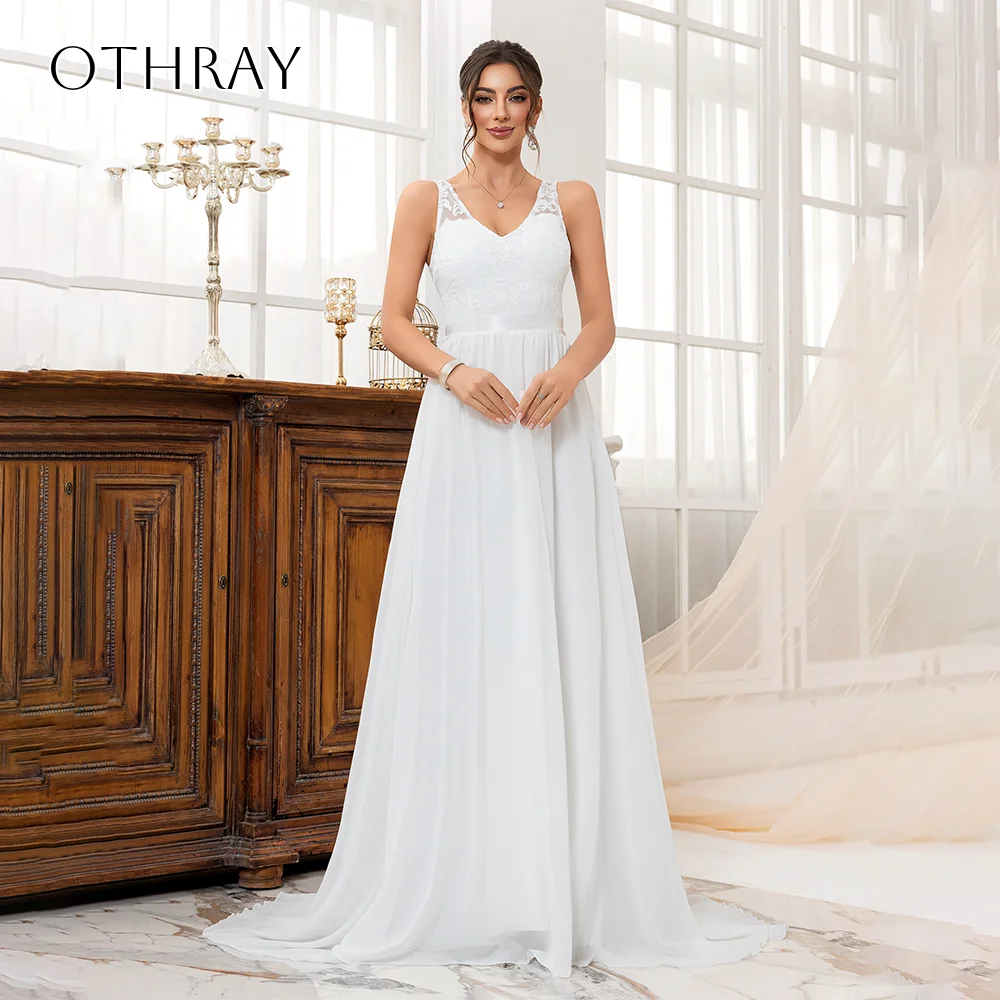 V-Neck Lace A-line Bridal Gown Sleeveless Pleated Backless Chiffon Sweep Train Customized Vestidos De Novia