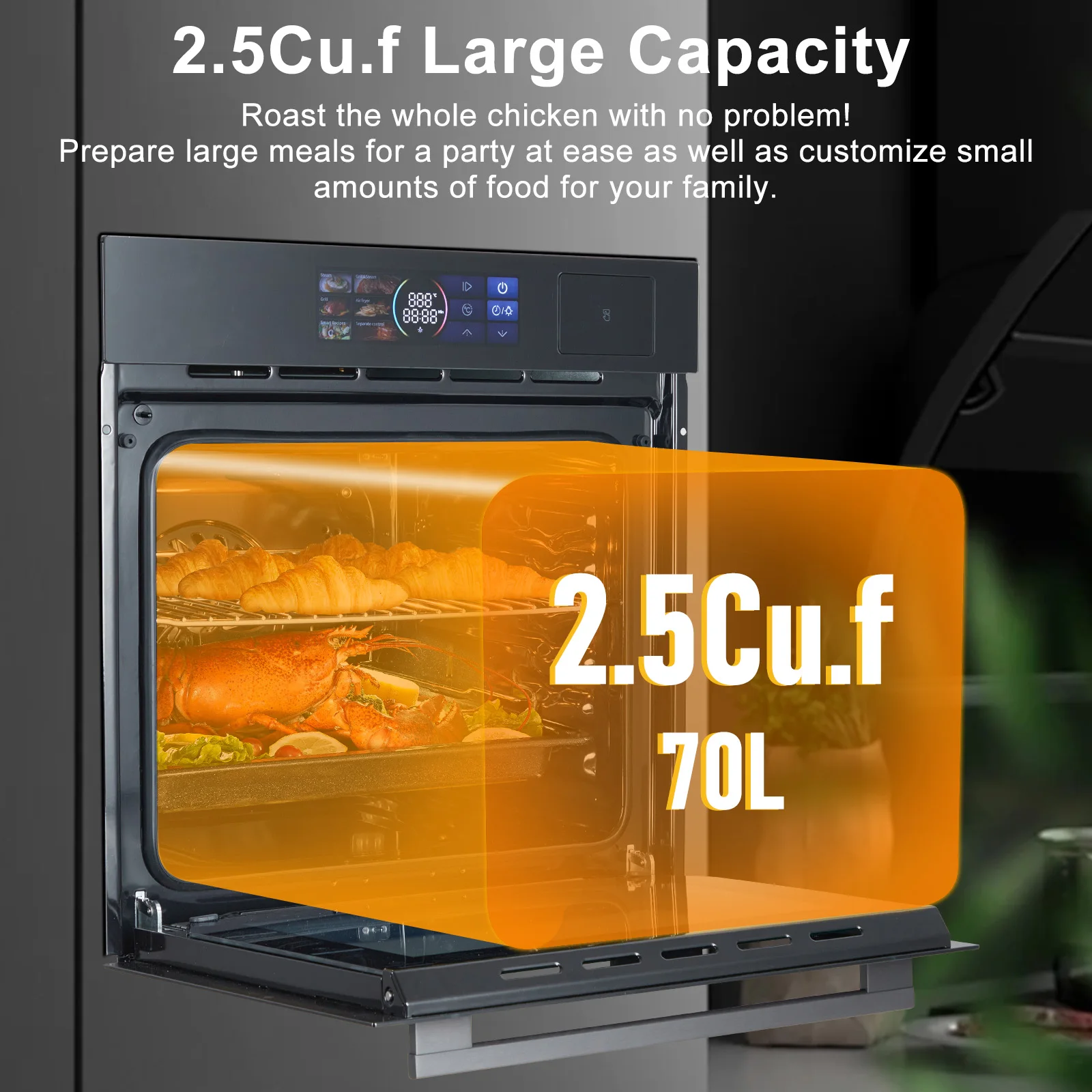 Single Wall Oven 24" Built-In Electric Ovens, 70L, 3000W, 8 Baking Modes, With Air Frying Function, 3D With Led Screen