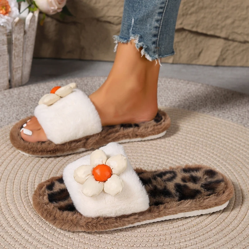Women's Leopard Print Fuzzy Slide Slippers, Bow & Flower Decor Fluffy Open Toe Plush Flat Slippers, Indoor Outdoor Slides