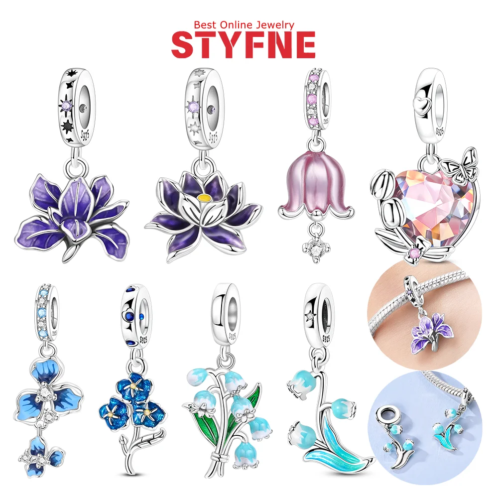 Silver-Plated Purple Orchid Flower Charm Beads Fit Original Bracelets Bag Keychain Charms Beads Pendant Diy Women Jewelry Gift
