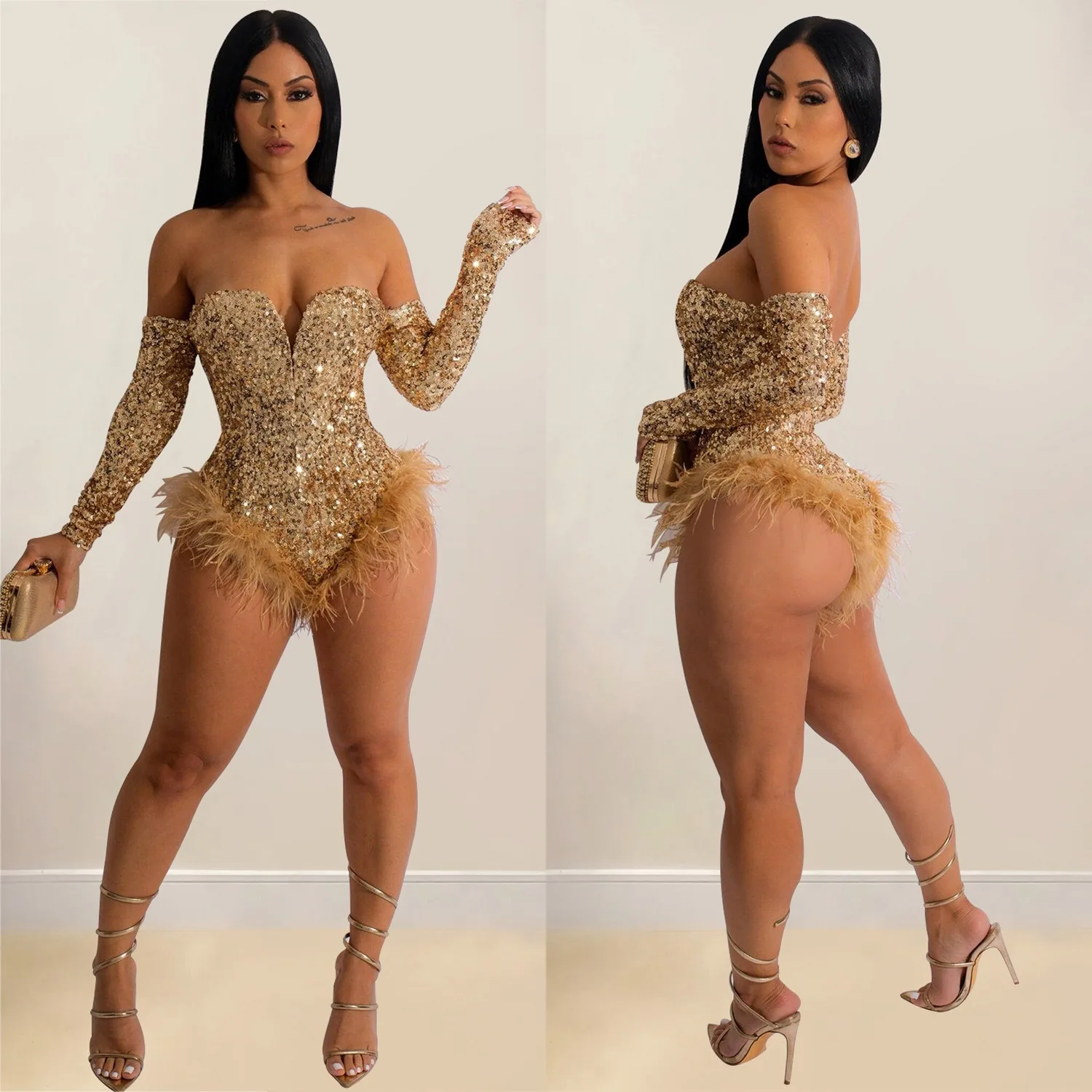 

Sexy Party Dance Gathering Club Banquet Nightclub Solid-Color Sequined Long-Sleeve Shorts Jumpsuit