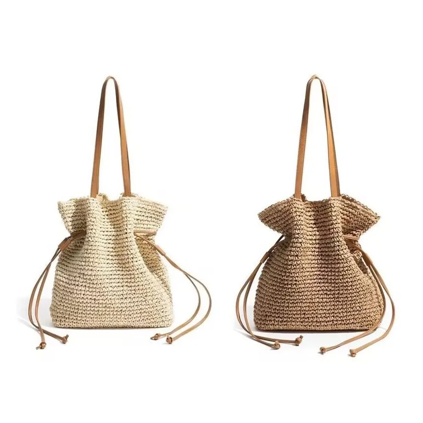 

New Crochet Woven Bag Women, Large-capacity Straw Shoulder Bag, Drawstring Messenger Bag, Holiday Style