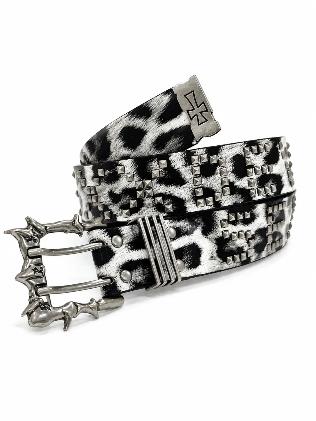 Grey Leopard Thorn Studded Belt, Vintage Animal Print Waist Belt with Silver Thorn Buckle, Punk Streetwear Fashion Accessory