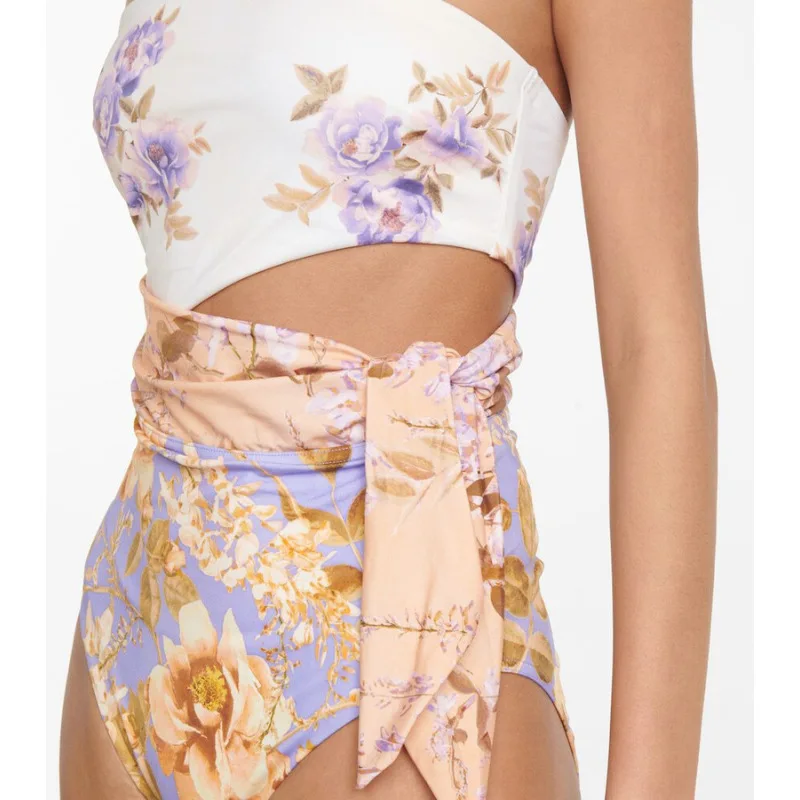 One Piece Swimsuit For Women Europe America One-piece Swimsuit Waist Hollow Strap Flower Print Swimsuit Set