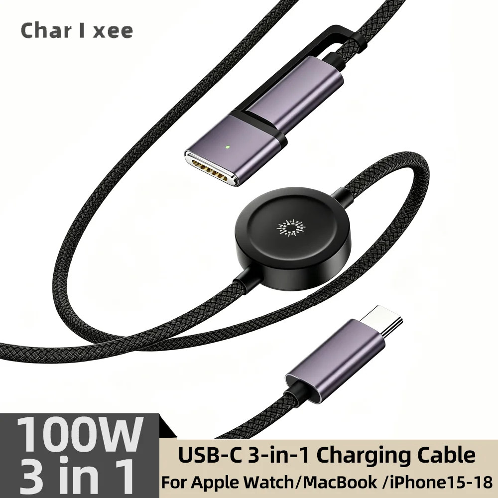 100W PD USB-C 3-in-1 Charging & Data Cable 480Mbps 150cm Nylon Braided Cord Compatible with MagSafe 3 Apple Watch MacBook iPhone