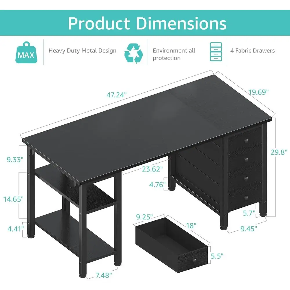47 Mesa de jogos moderna com gaveta de tecido com prateleiras de armazenamento, mesa de estudo para escritório doméstico para PC, preta