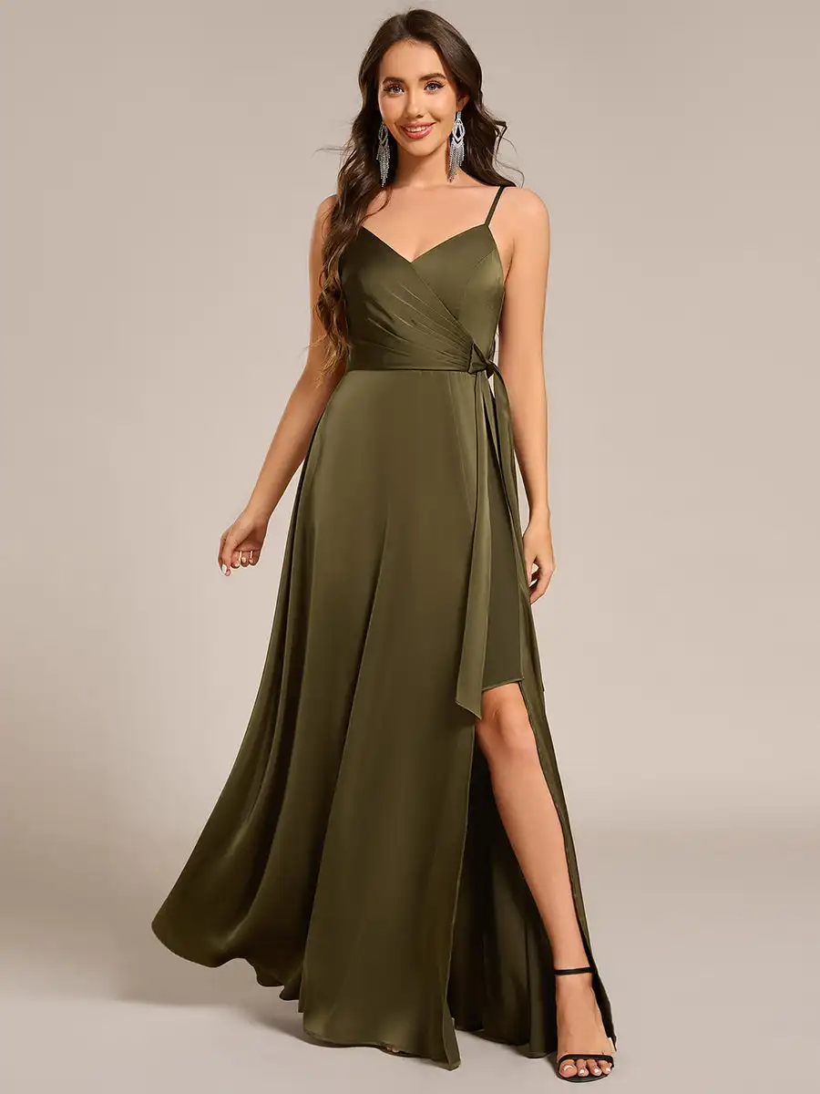 

Elegant Evening Dress V-neck Spaghetti Straps Split Satin Floor-Length 2025 Ever Pretty of Olive Green Streamer Bridesmaid Dress