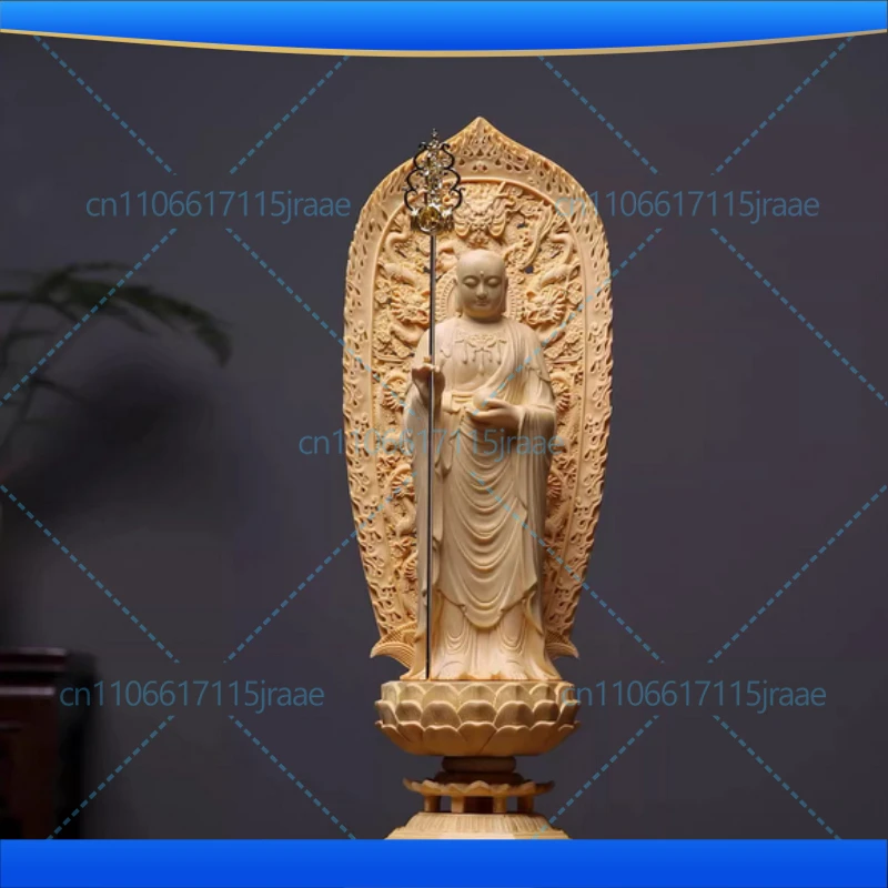 Hand Carved Hinoki Wood Saha Three Saints Set (3pcs) Statue - Shakyamuni Guanyin Ksitigarbha Ornament Home Temple Altar Decor