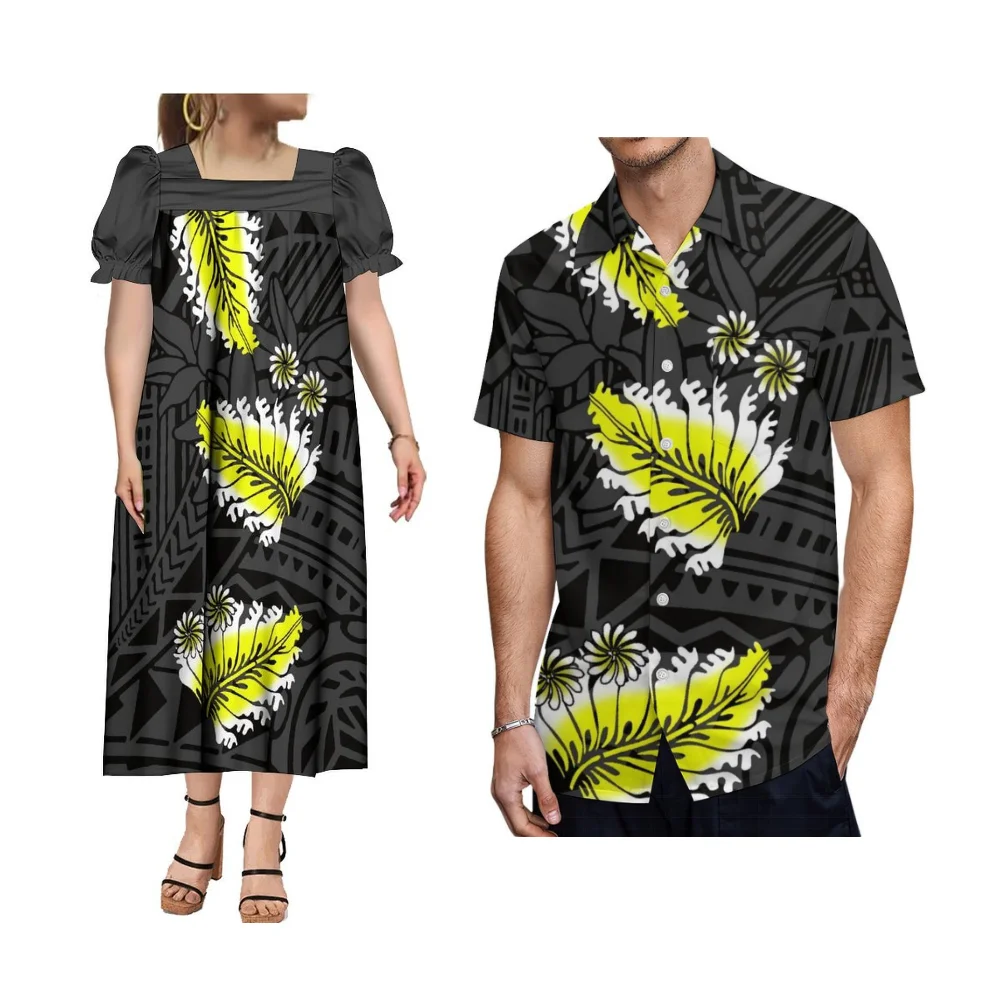 Polynesian Island Micronesia Style Mumu Women'S Square Collar Puffed Sleeve Dress Casual Couple Set Men'S Pocket Shirt