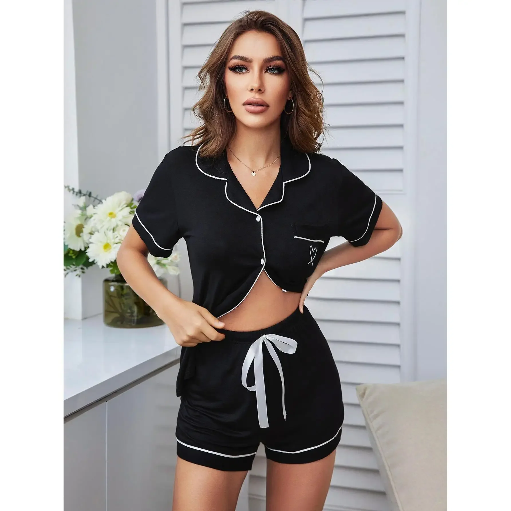 Home clothing set, cardigan, short sleeved shirt, shorts, summer pajamas for women sleepwear  pyjama pour femme bas de pyjama image 4
