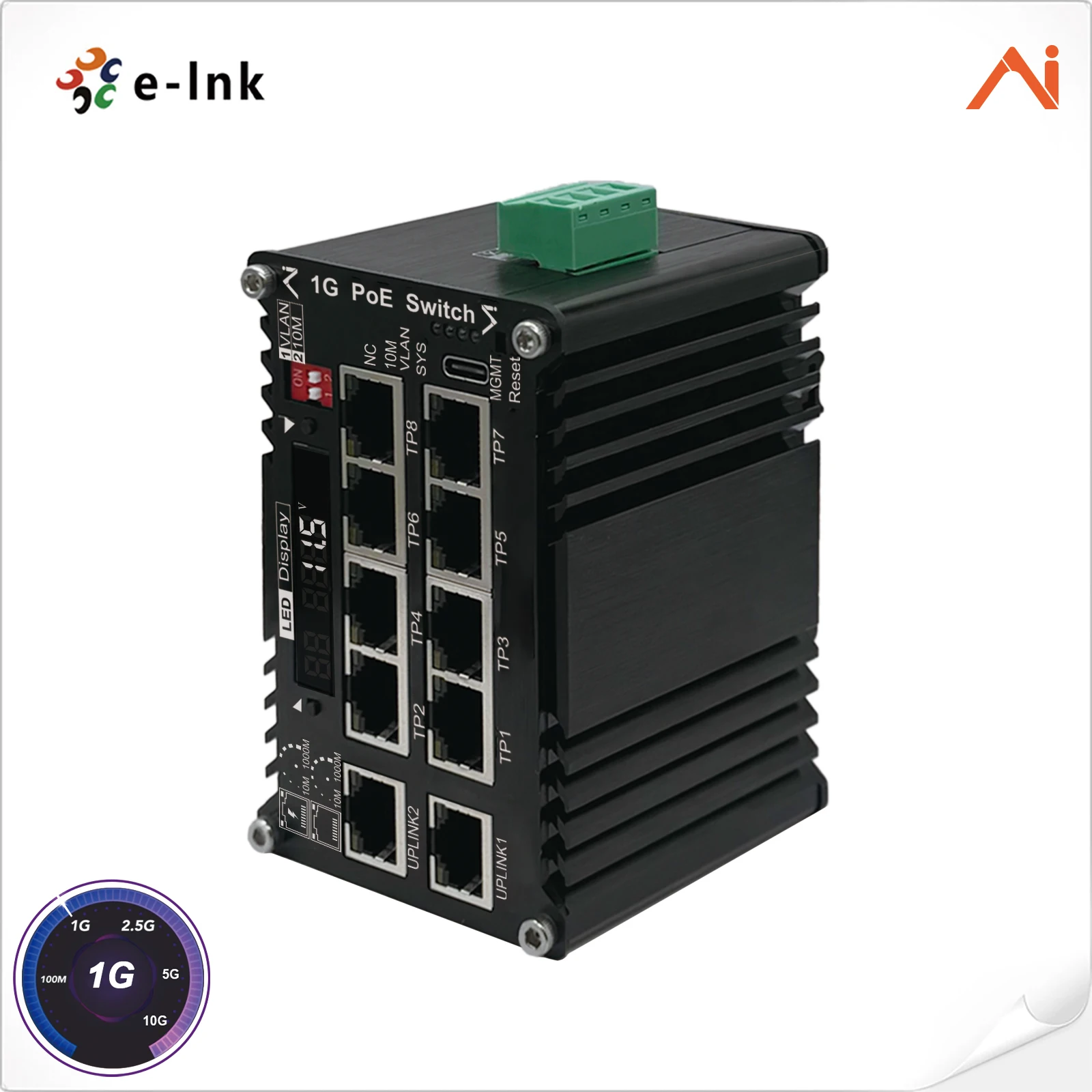 8x10/100/1000M RJ45 IEEE802.3bt 30W Voltage Booster & 2 Uplink 9-54V Input, DIN-Rail AI Smart Managed Industrial PoE+ Switch