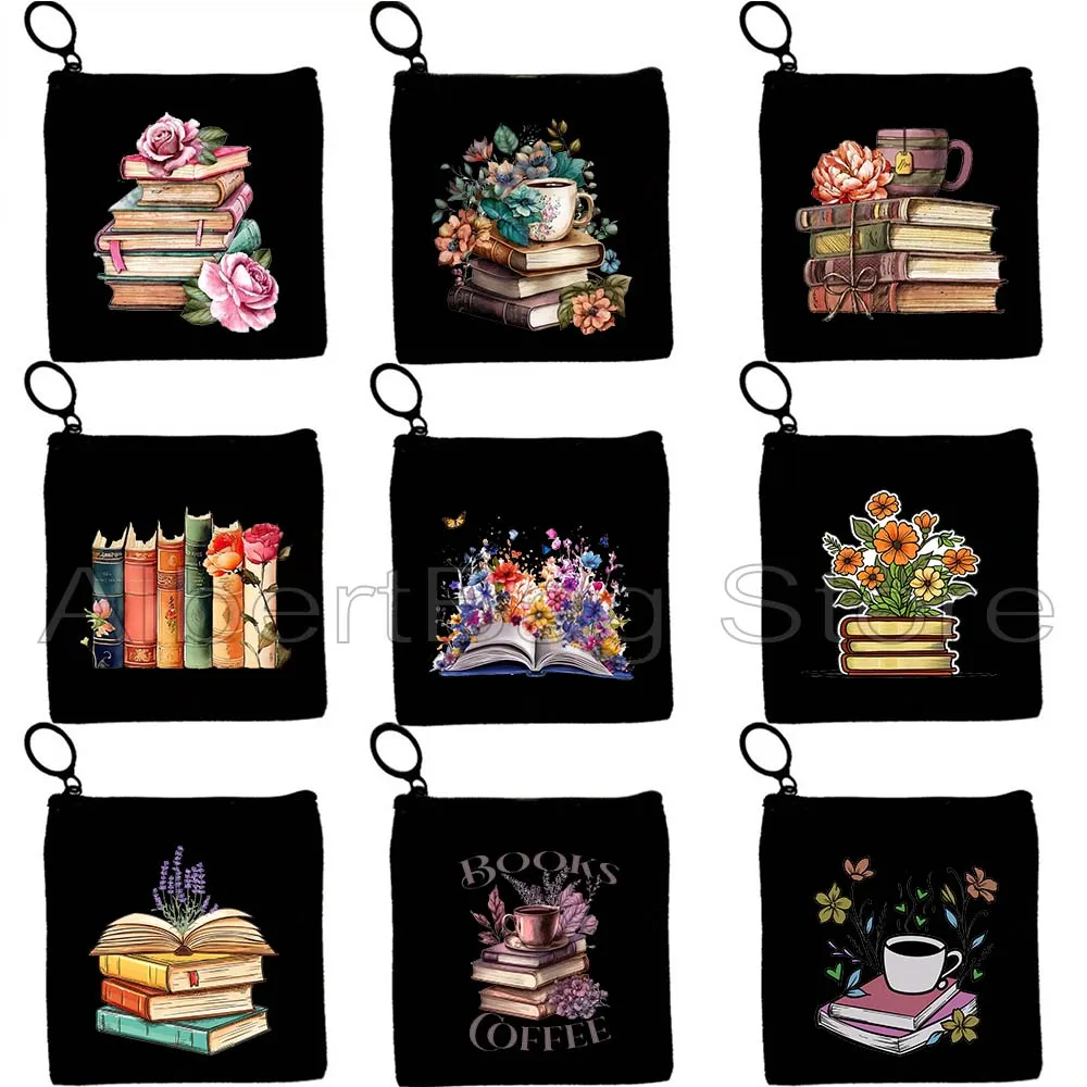 

Floral Bouquet Books Stacks Coffee Flowers Growing From Book Gifts Folk Art Booklover Canvas Key Coin Purse Bag Wallet Pouch