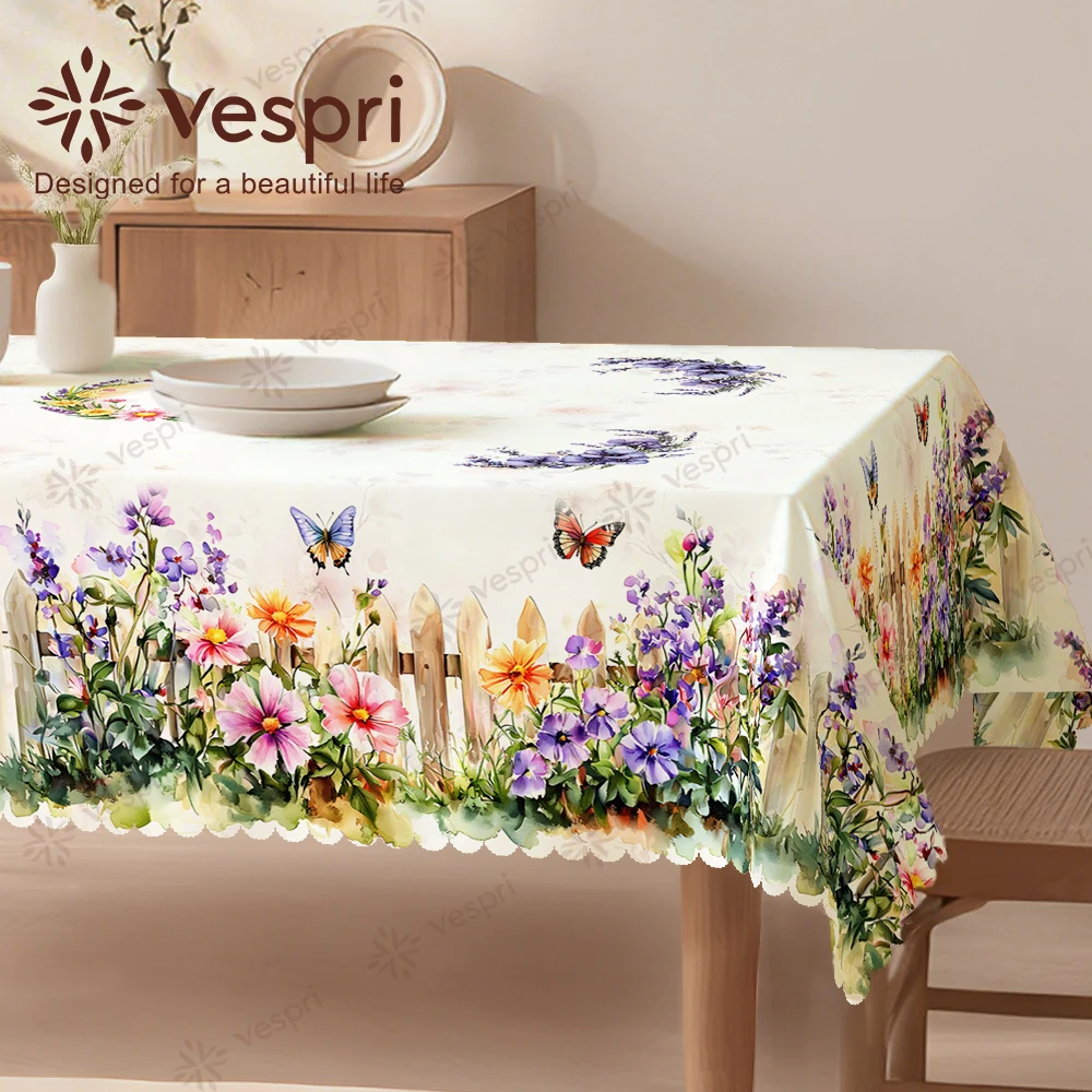 Vespri Frühlingstischdecke Pastellfarbene Blumen-Ostertischdecke mit Weißen und Gelben Blumen, Schmetterlingen und Zaun für Party und Restaurant