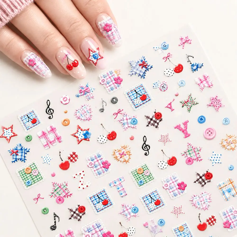 5D Multi‑Element Patchwork Nail Stickers 1Pc Cherry Letter Star Button Embossed Decals For Women Nail DIY Manicure Accessory
