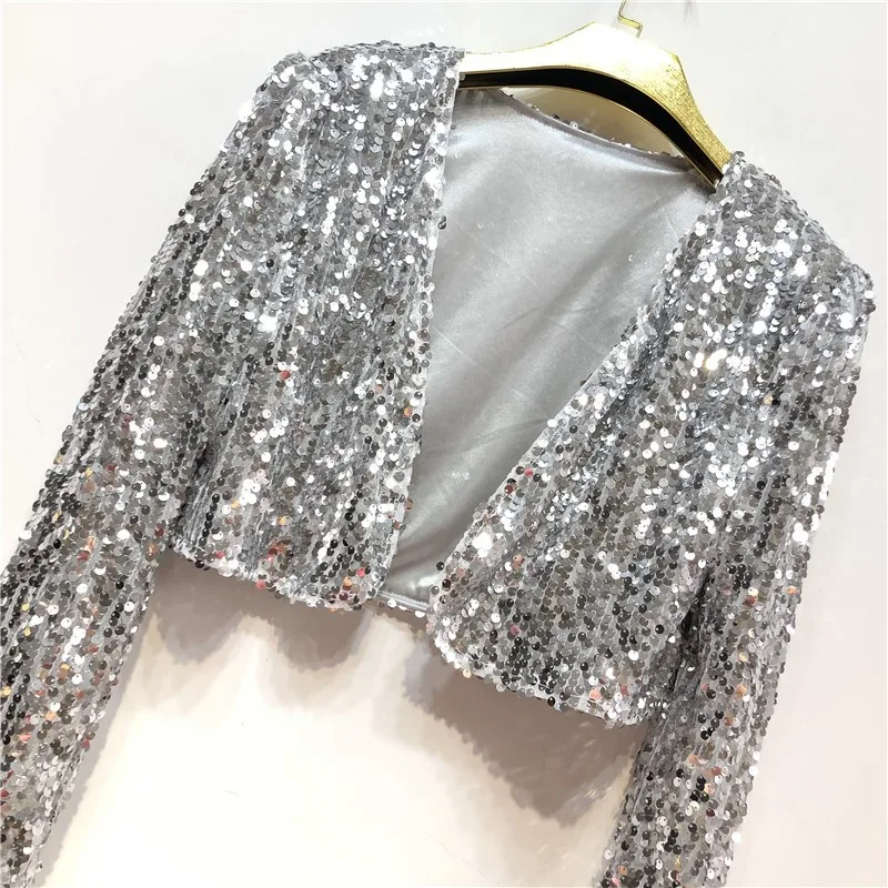 Women Coat Shining Sequined Long Sleeve Cropped Length Open Front Bolero Shrug Sequin Cardigan Short Jacket