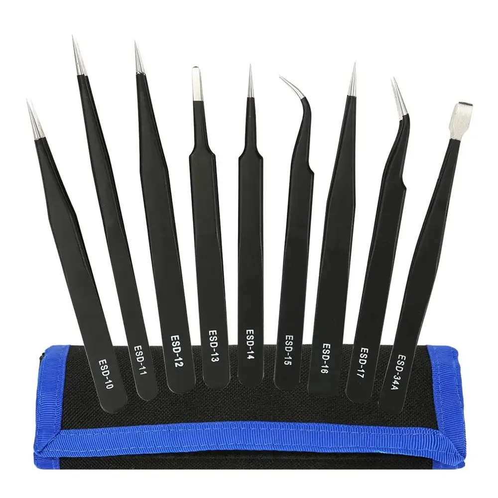 Krachtige 9pcs ESD Tweezer Set Electronics Repair Soldering Crafting Jewelry Anti-static Tweezers Non Magnetic Tips