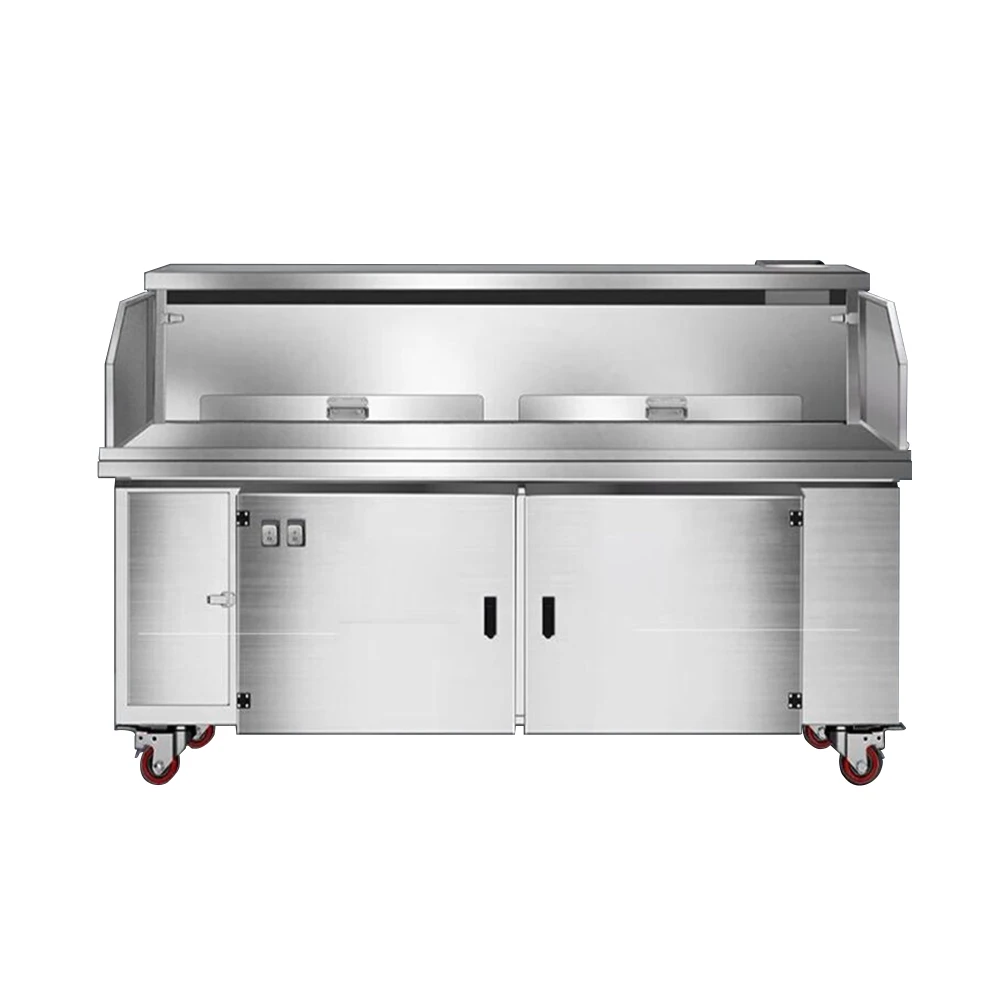 Station de cuisson mobile électrique personnalisable en acier inoxydable avec option charbon de bois et hotte aspirante intégrée