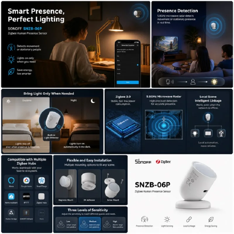 SONOFF Zigbee Smart Human Presence Sensor  5.8GHz Microwave Radar Induction Detection SNZB 06Pfor Google Alexa Alice
