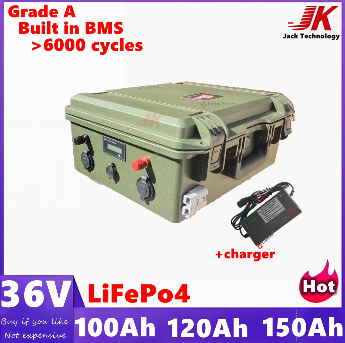 

36V 150Ah 100Ah 120Ah LiFepo4 lithium battery pack with BMS for Outdoor fishing boats solar system motor EV RV+10A charger