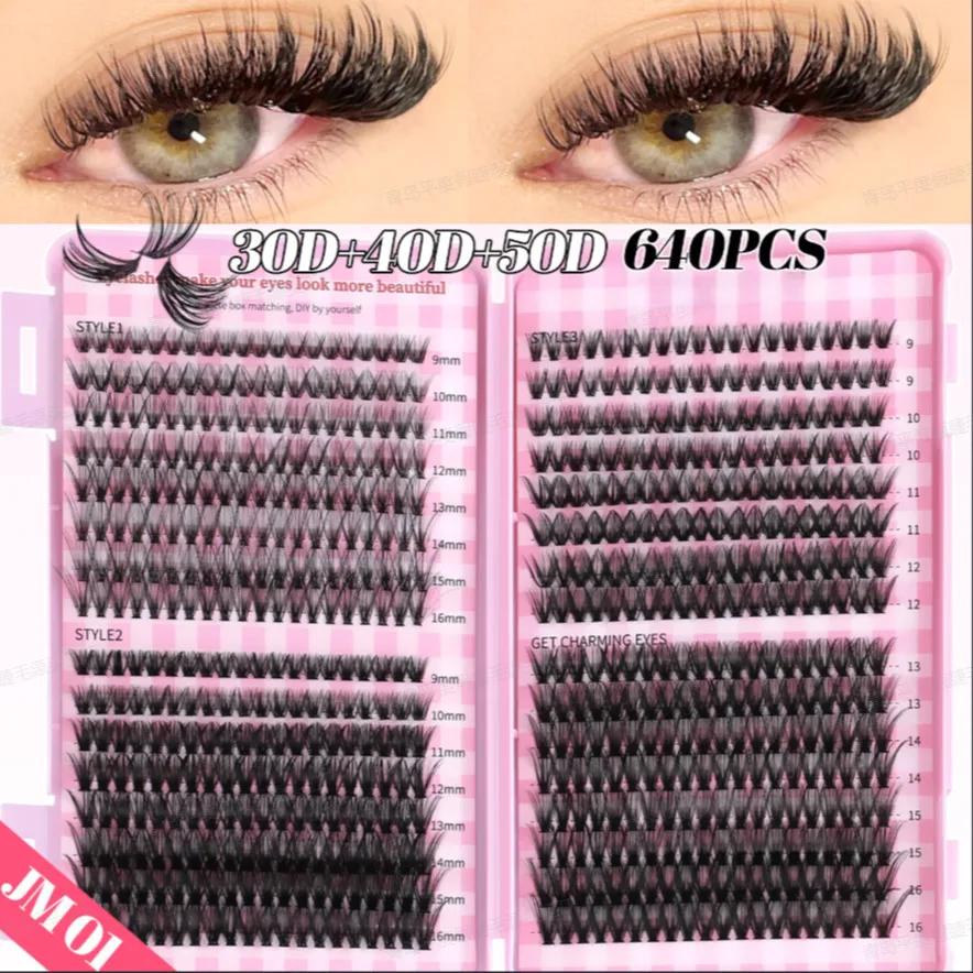 

640Pcs Cluster Cat Eye False Eyelashes Stereo Fluffy Dense Thick Outer Corner Deepening Soft Lash Extensions