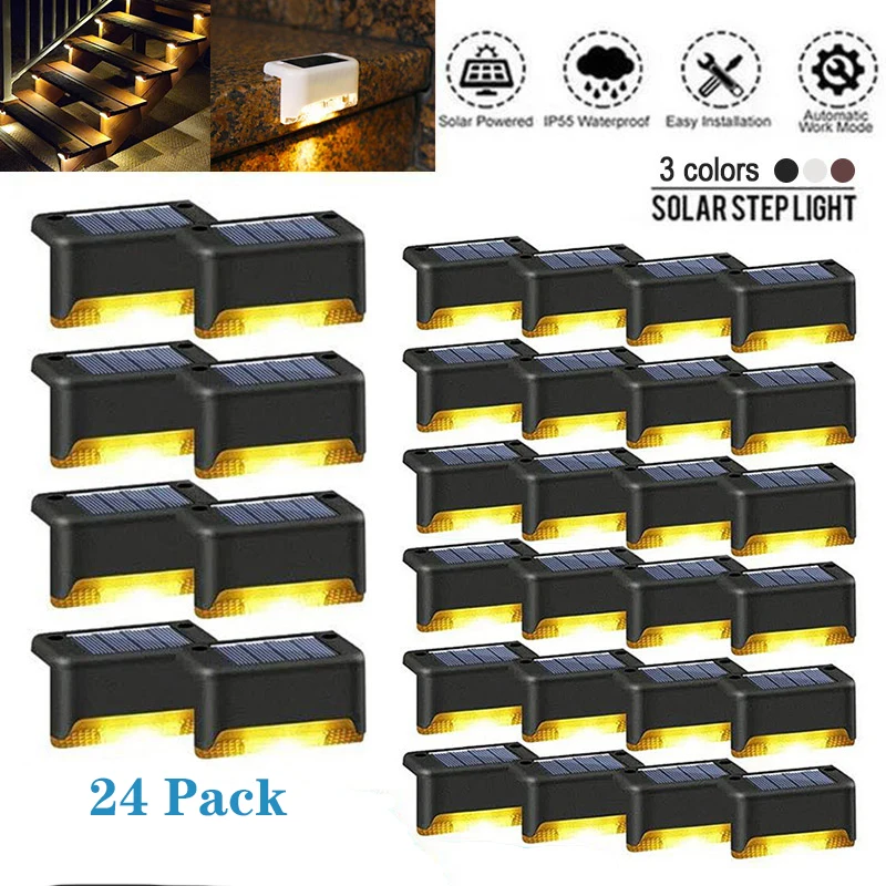 24 Pack Solar Deck Lights Outdoor Step Lights Waterproof Led Solar Lamp for Railing Stairs Step Fence Yard Patio and Pathway