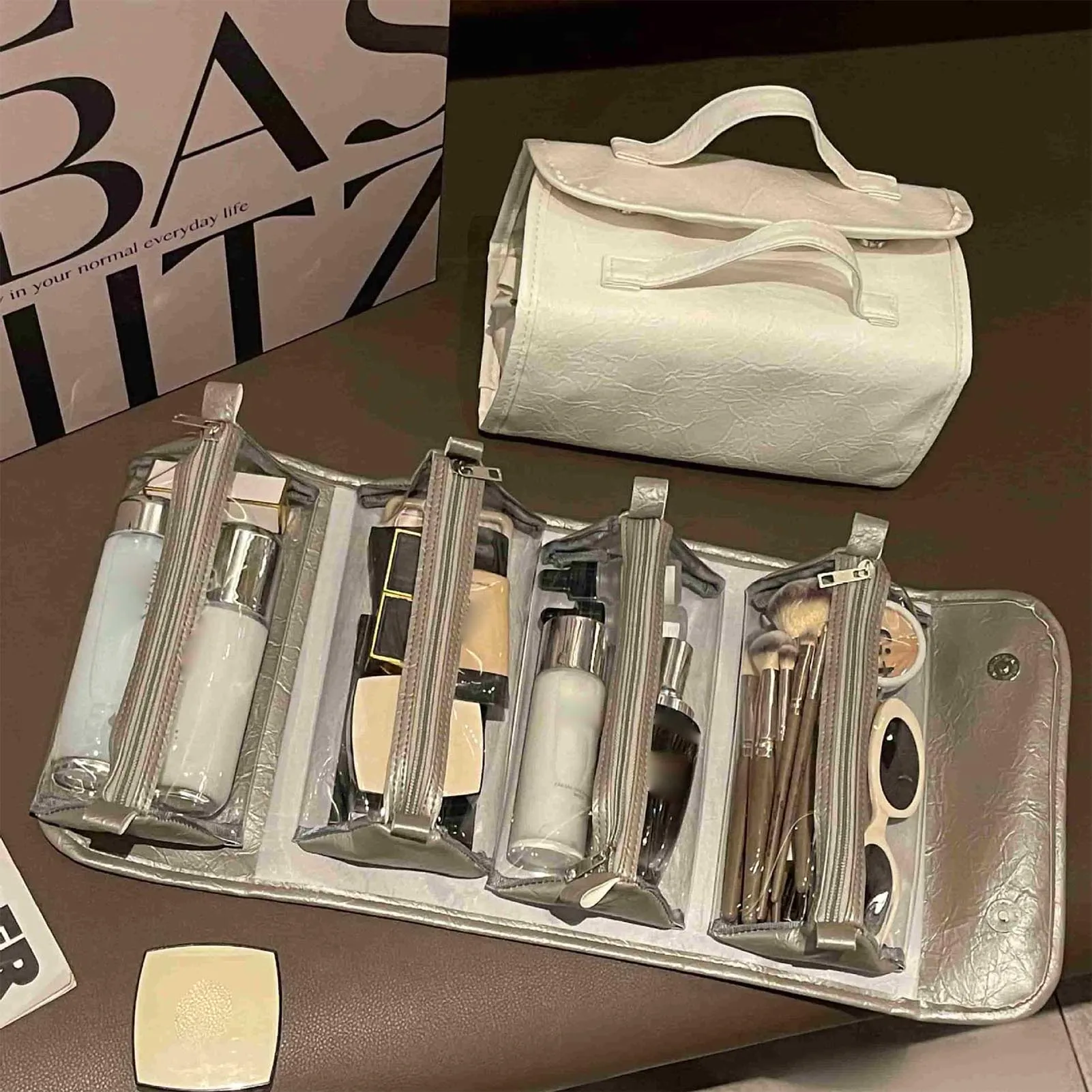 

Portable Cosmetic Storage Bag Large Capacity Handheld Organizer Bag For Makeup Brush Skin Care Sunglasses Travel Storage Bag