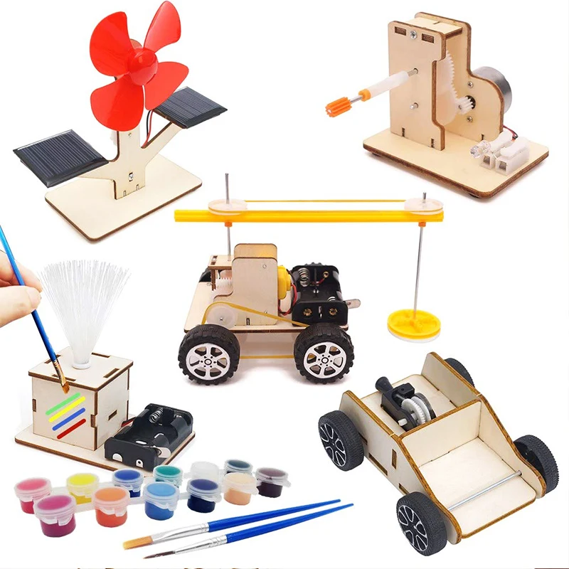 Kit de experimento de ciencia DIY para niños, juguete de construcción de modelo de ensamblaje de madera, Robot eléctrico STEM, rompecabezas de