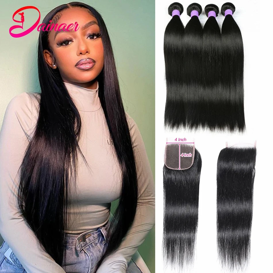 Straight Human Hair Bundles With Closure 4x4 Closure With Bundles Brazilian Hair 4 Bundles With Closure Remy Hair Extension