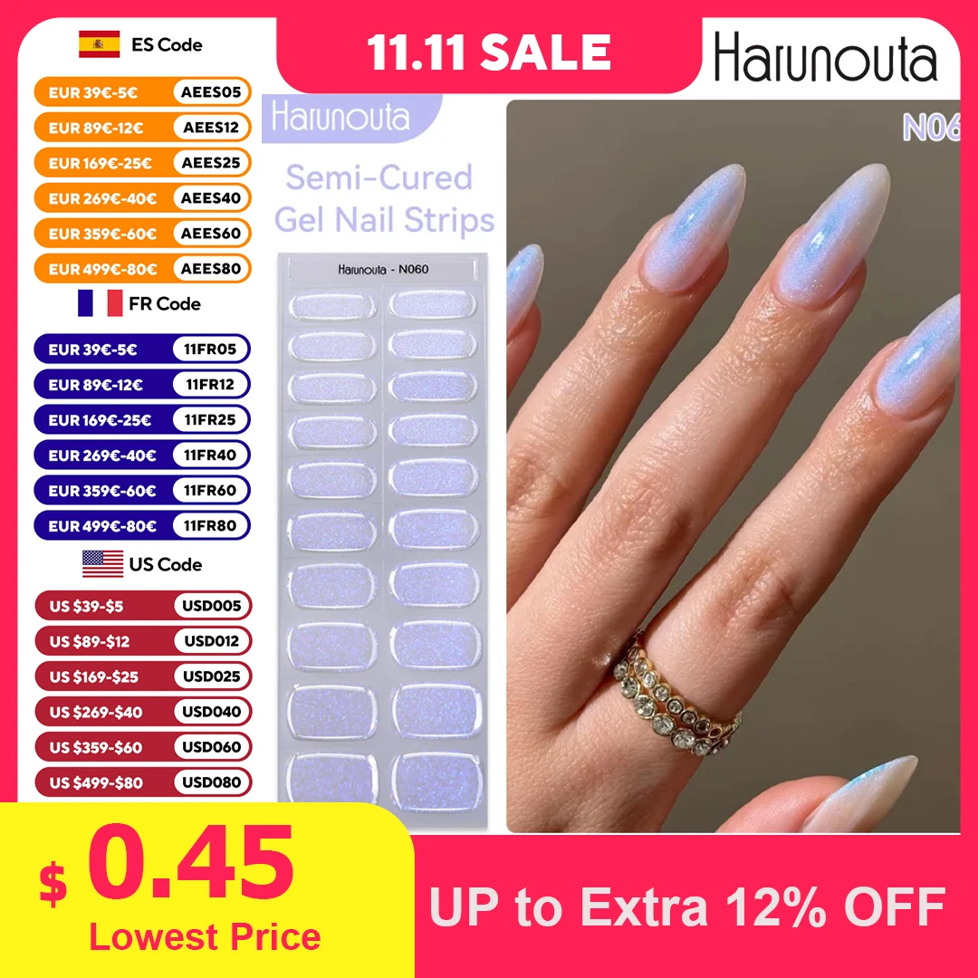 Harunouta Auroras Semi Cured Gel Nail Strips Waterproof Self Adhesive Nail Sticker Long Lasting Gel Polish Stickers for Nails