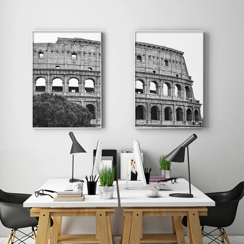 أبيض وأسود إيطاليا الكولوسيوم قماش اللوحة الملصقات روما القديمة نصب Colosseo الكلاسيكية جدار الفن صورة غرفة المعيشة ديكور