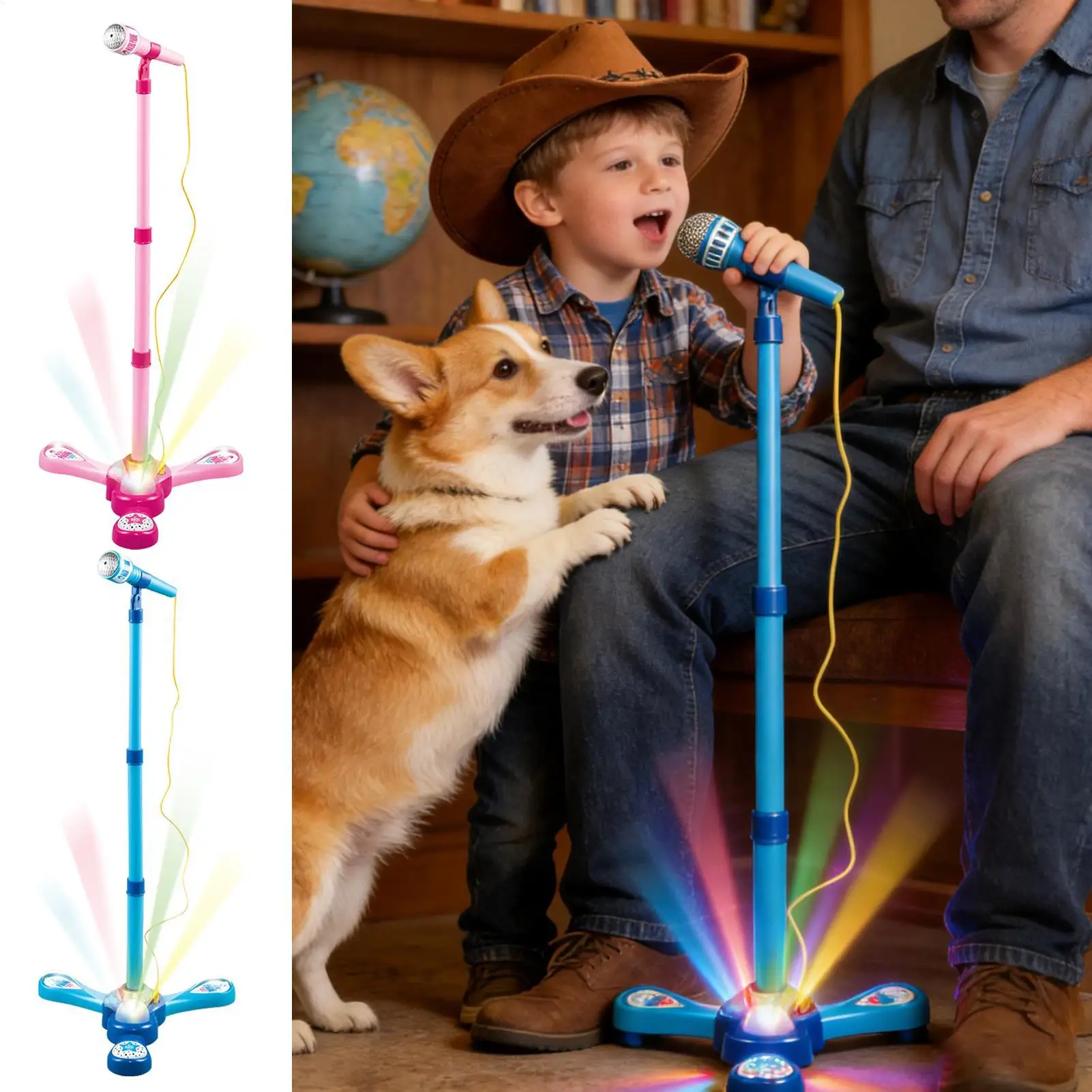 어린이용 에코 마이크, 조명, 인터랙티브 조절식 스탠드, 음악 장난감, 노래방 마이크, 남아 여아용 재미있는 용품