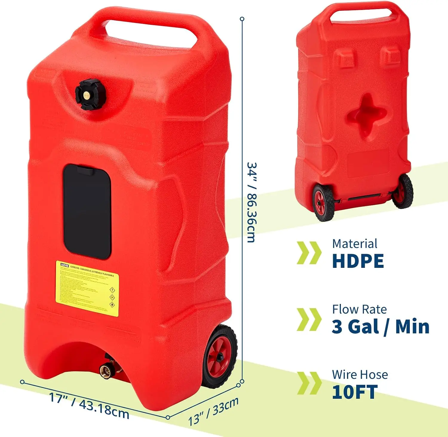 Tacleekii 16 Gallon Gas Can with Manual Pump & 10FT Transfer Siphon Pump – Fuel Tank Container with LE Fluid, Portable Diesel Gas Storage Caddy on Wheels for Car, ATV, Weeder, Boat, Tractor, Generator