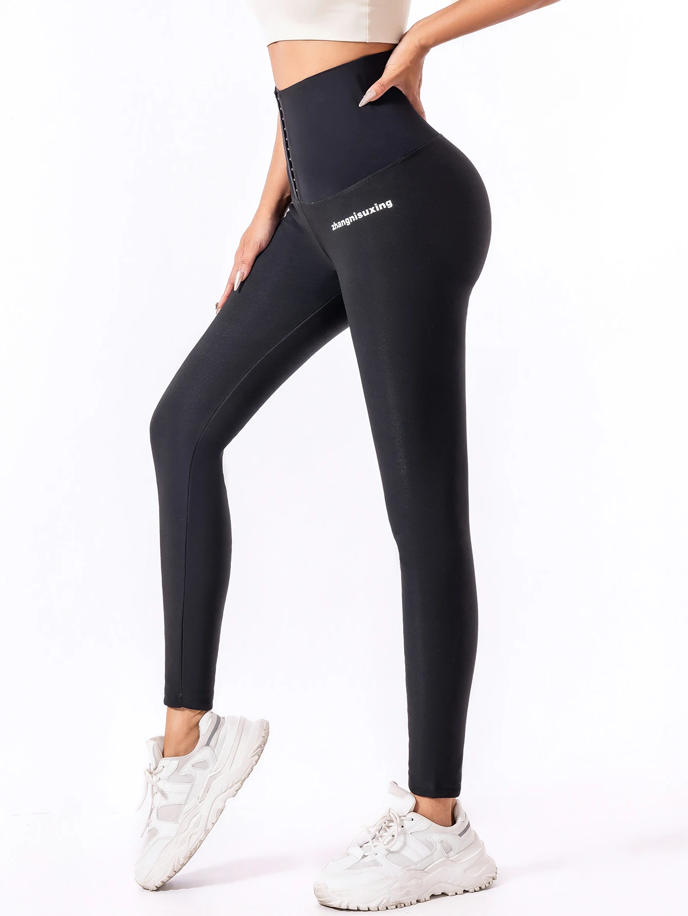 Button-down pants women's belt-tightening fitness wear high-waisted and hip-lifting peach-tight, fleece shaping shark skin