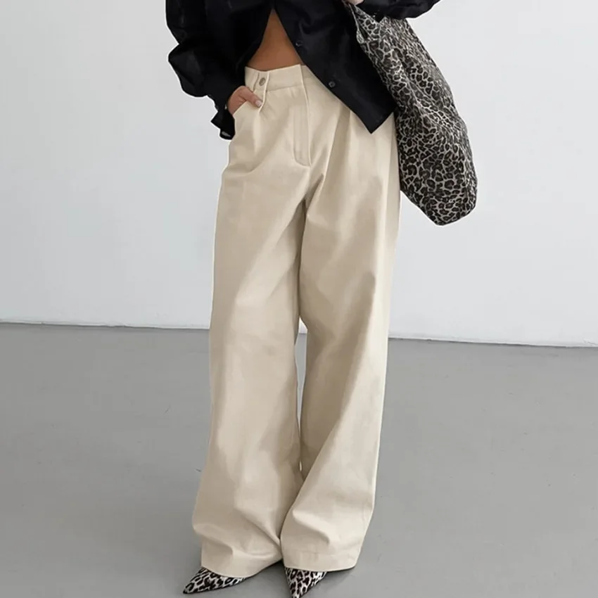 Vintage Khaki High Waist Straight Jeans Women Loose Casual Women's Autumn Cotton All Match Wide-leg Pants Streetwear