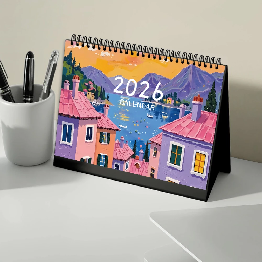 

1pc 2026 European Vintage Town Desktop Calendar,Illustrative Style,12 Monthly Plan,Perfect Gift for Birthdays，Christmas,New Year